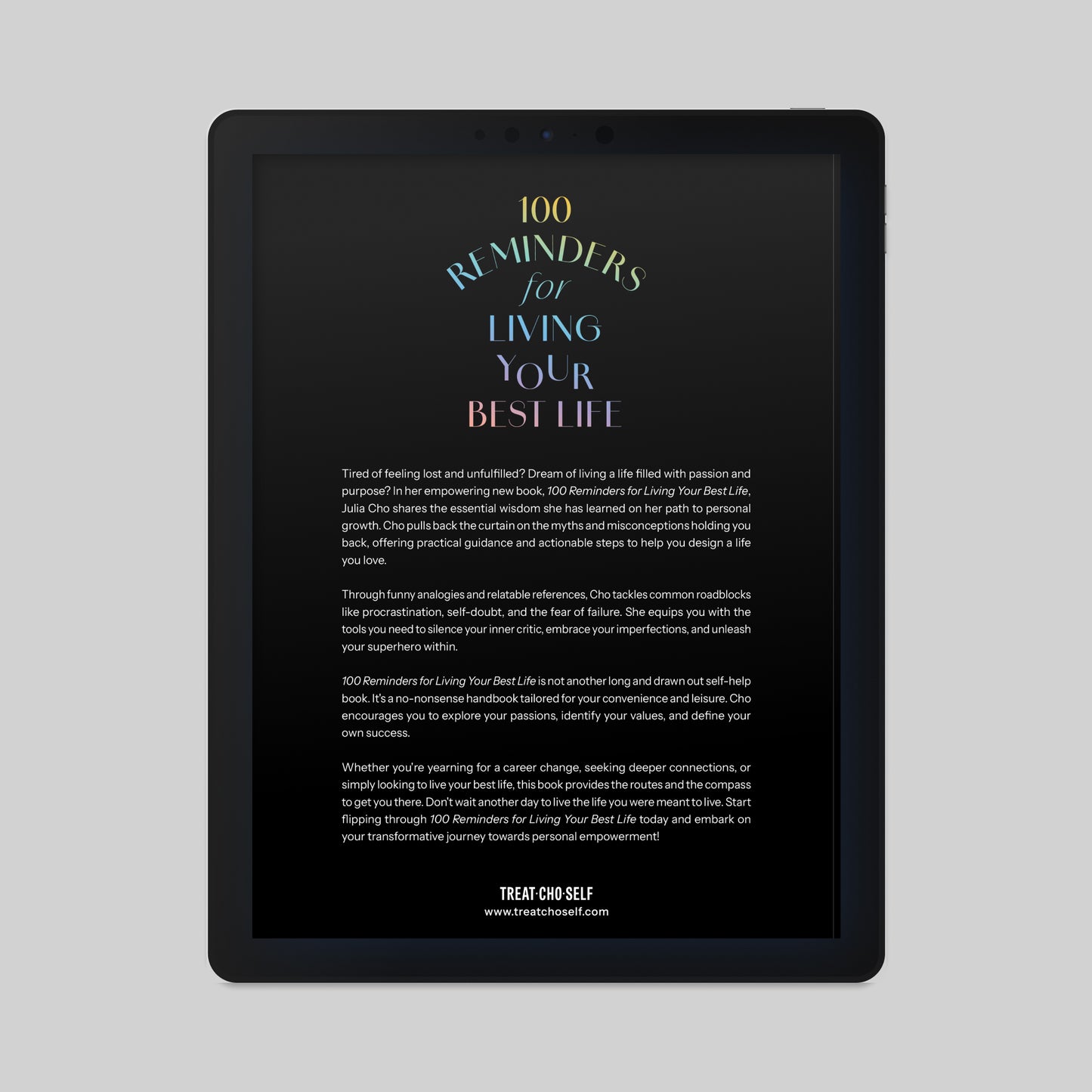 Electronic tablet displaying 100 Reminders for Living Your Best Life ebook back cover